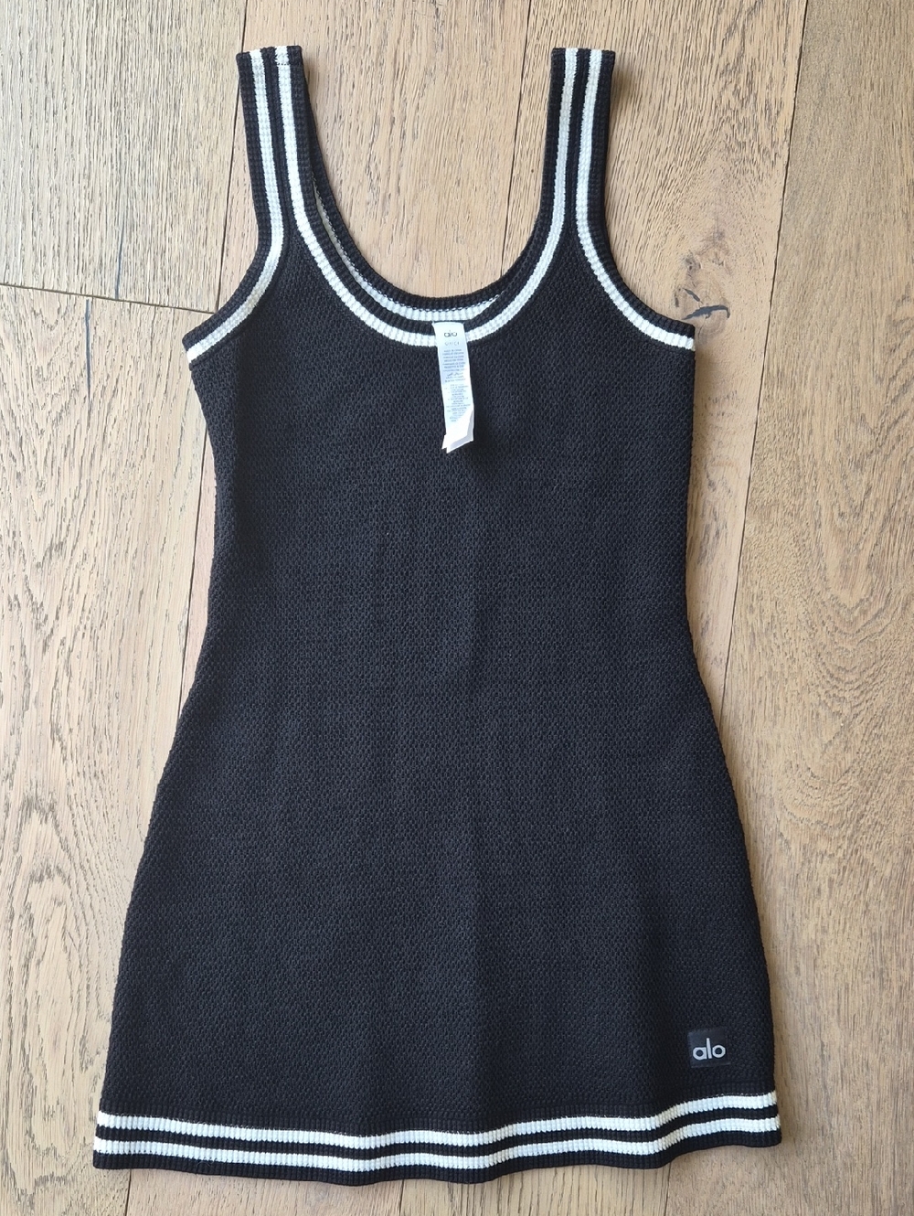 ALO Yoga Tennis Club Sweater  Knit Tank Dress - Black with White Stripe Detail